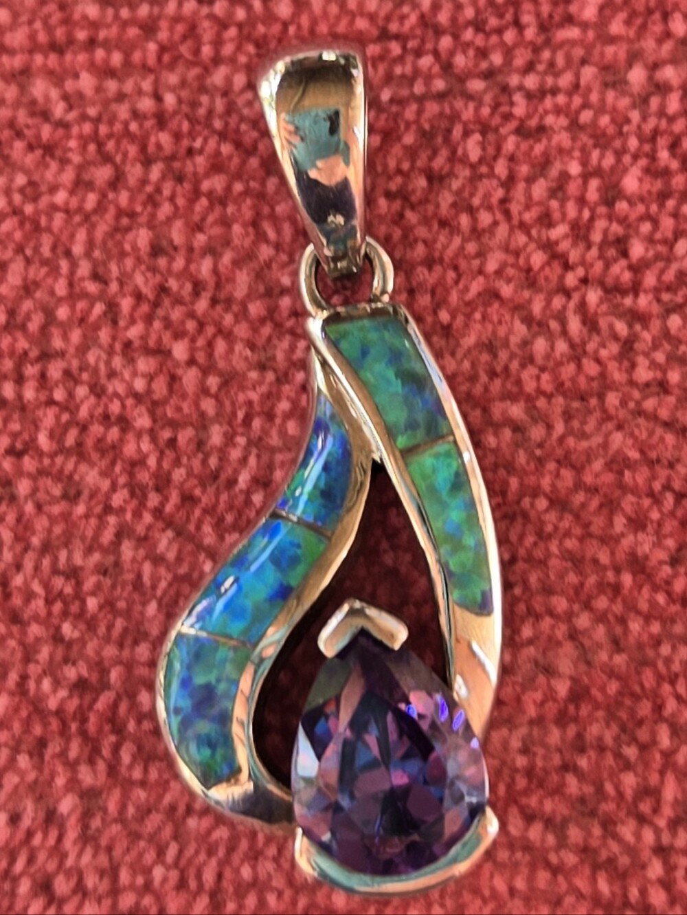 Silver Amythyst Teardrop Pendant with Blue-Green Opal Inlay